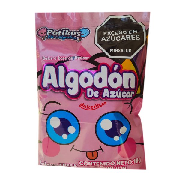 Delicioso algodón de azúcar con sabor a fresa, viene 1 unidad, y su peso es de 18 g.